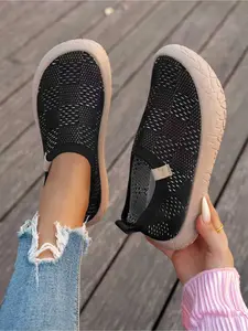 Breathable Mesh Flyknit Lazy Shoes for Women, Summer Hollow Out Slip-On Casual Walking Shoes, Lightweight Non-Slip Flat Sole Sneakers