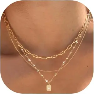 Women's 3-Count Layered Necklace Set, 14K Gold Plated Paperclip Box Chain Choker, Stackable Gold Pendants Jewelry Collection