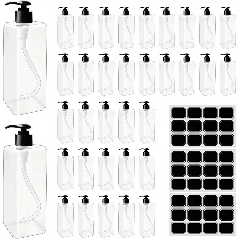 35 Pcs 16 oz Empty Plastic Pump Bottles Black Pumps with 3 Labels Refillable Lotion Shampoo Containers Clear Square Lotion Dispenser for Liquid Soap, Massage Oil, and Face Cream