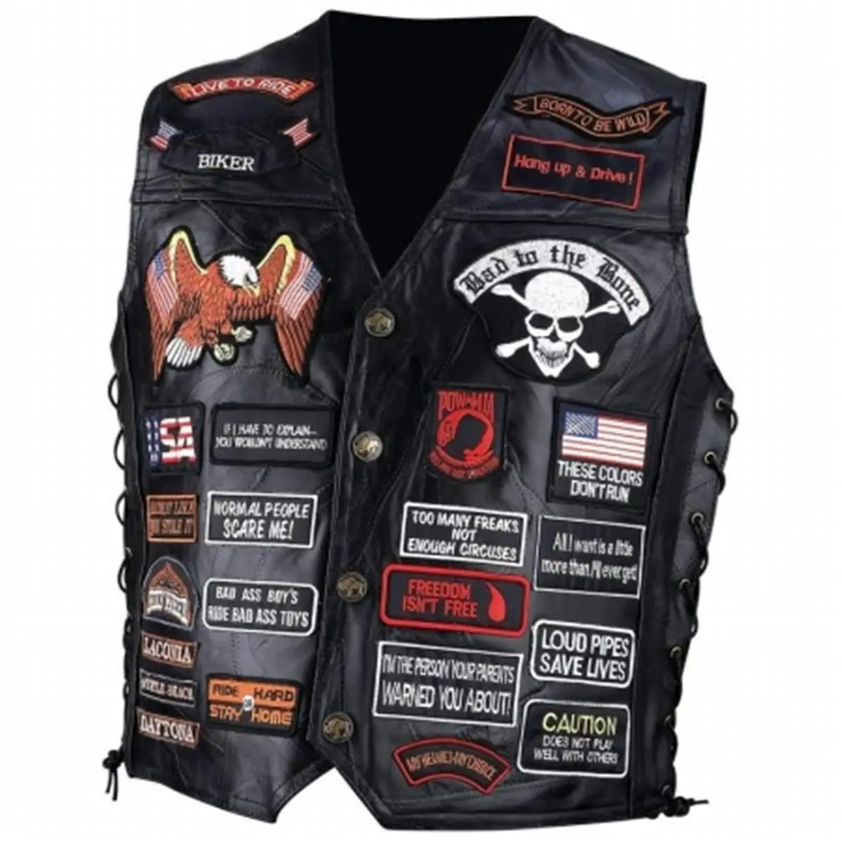 Men's Leather Biker Vest, Colorful Patchwork Waistcoat with 42 Patches, Lace-Up Sides & Interior Zippered Pockets, Waistcoat Vest, Colorful Patchwork Waistcoats & Gilets