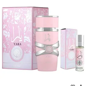 Lattafa Yara EDP 3.4 Fl Oz + Yara Perfume Oil 0.34 Fl Oz Bundle - 100ml Bottle with Citrus, Spicy, Floral, Woody, Amber, Musk, Leather Notes