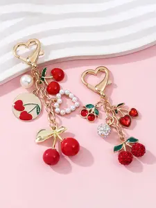 Heart Red Cherry Enamel Keychain, Heart Design Keychain, Heart Shaped Keychain, Bag Decoration with Pearls Pendant Crystal Keyring Rhinestone Cherry Bag Charm Gift for Women Bags Backpack Wallet Purse Key Ring Accessories