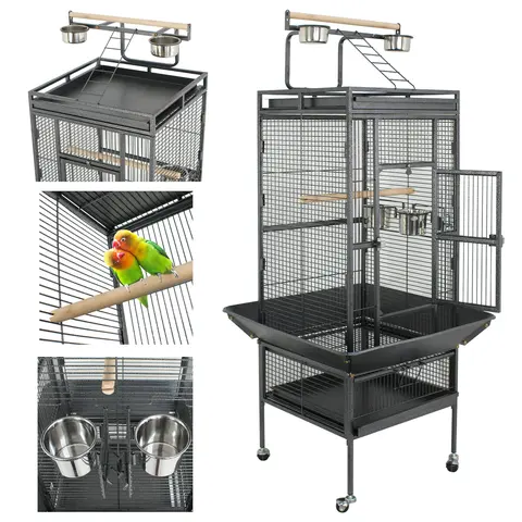 Segawe Large Metal Birdcage with Wood Accents - 25"(w)x17"(d)x53"(h) Iron Frame, Open Top, Easy-Clean Litter Tray, Safe Design, Feeding Cups, Swivel Wheels, Black/White Finish for Parrots, Parakeet Cage Setup (Pet Supplies, Metal Bird Cages & Houses)