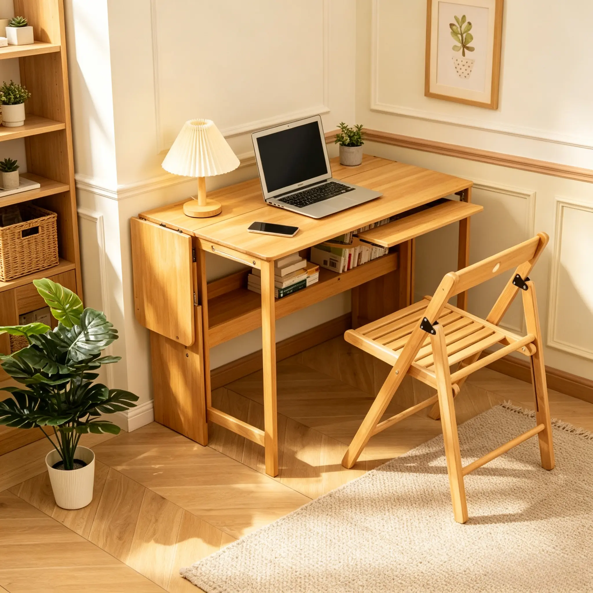 Bamboo Folding Desk, Space Saving Computer Desk with Storage Shelf, Foldable Study Writing Table for Bedroom, Apartment, Dorm, Natural Wood Color & Walnut Color Available