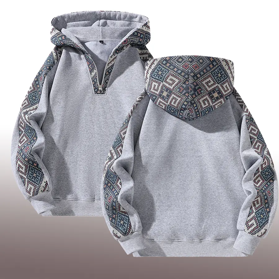Couples’ Retro Ethnic-Style Patchwork Hooded Long Sleeve Tops, Matching Classic Casual Sweatshirts with Hood Design, Half-Zip Closure, Ribbed Cuffs & Hem, Suitable for Everyday Wear