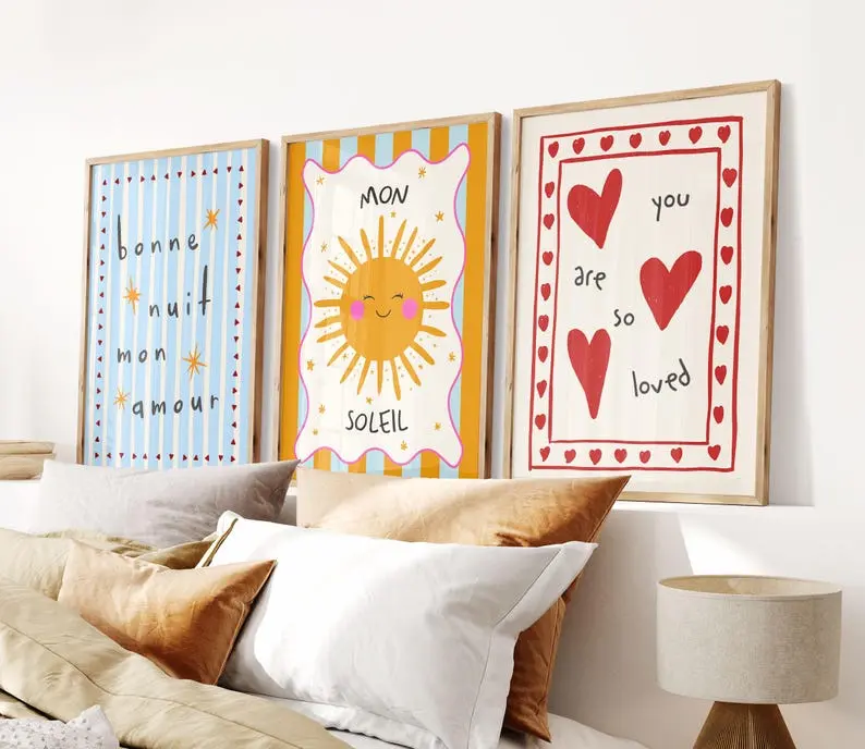 Set of 3 Nursery Posters, Colorful Kids Room Prints, Cute Playroom Wall Art, Boho Room Décor