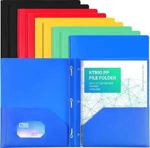 KTRIO Heavy-Duty Plastic Pocket Folders with Prongs, Letter Size, File Fasteners, Business Card Slot, Colored for Office Use