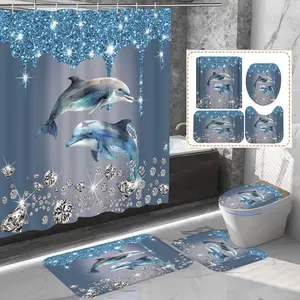 Dolphin Pattern Bathroom Accessories Set, 4 Counts/set Including 3 Mats and 1 Waterproof Shower Curtain with 12pcs Hooks, Summer Essentials Bathroom Decor