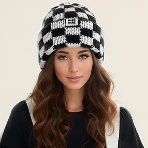 Winter Chic Plaid Beanie - Cozy Knit Skull Cap with Folded Hem, Trendy & Warm for Snow Sports, Women Fashionable Accessory for Cold Days