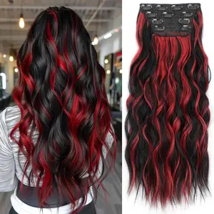 YVELIEN Clip-in Synthetic Curly Hair Extensions, 4PCS 20-Inch Wavy Highlight Black Double Weft Fiber, Volumizing Extensions Hair for Women, Comfortable & Healthy,summervibes