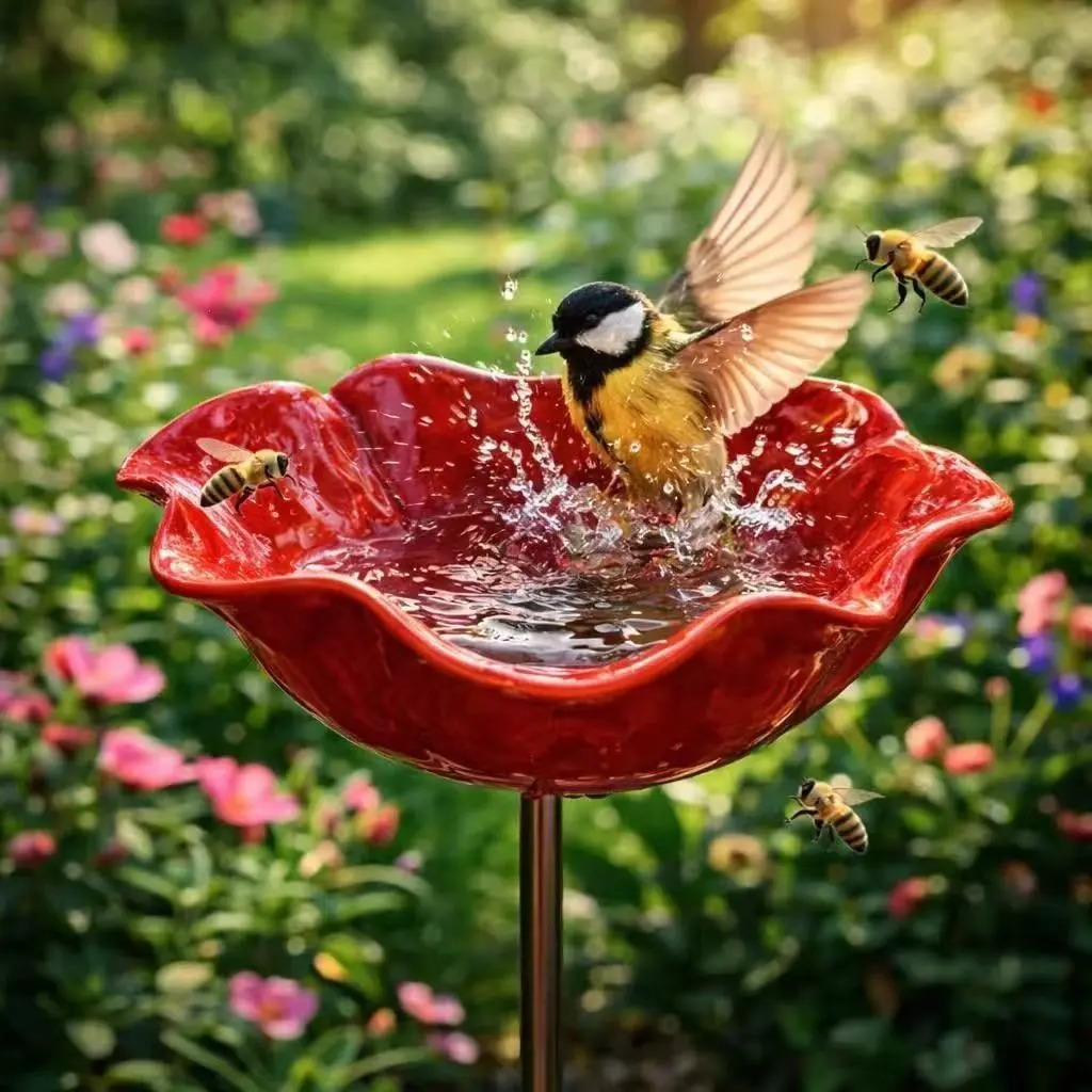 Bohemian Iron Flower Bird Feeder, Multi-Color Petal Ground Stake, Bird Drinking Station, Garden Decoration, Outdoor Decorative Accessory, Bird Feeder Pole, Bird Feeders for Outdoors, Bird Supplies