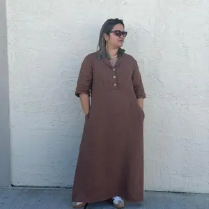 Linen Dress Nancy One Size XS-L Boho Style, Long Sleeve, Loose Fit, Solid Color, Machine Washable