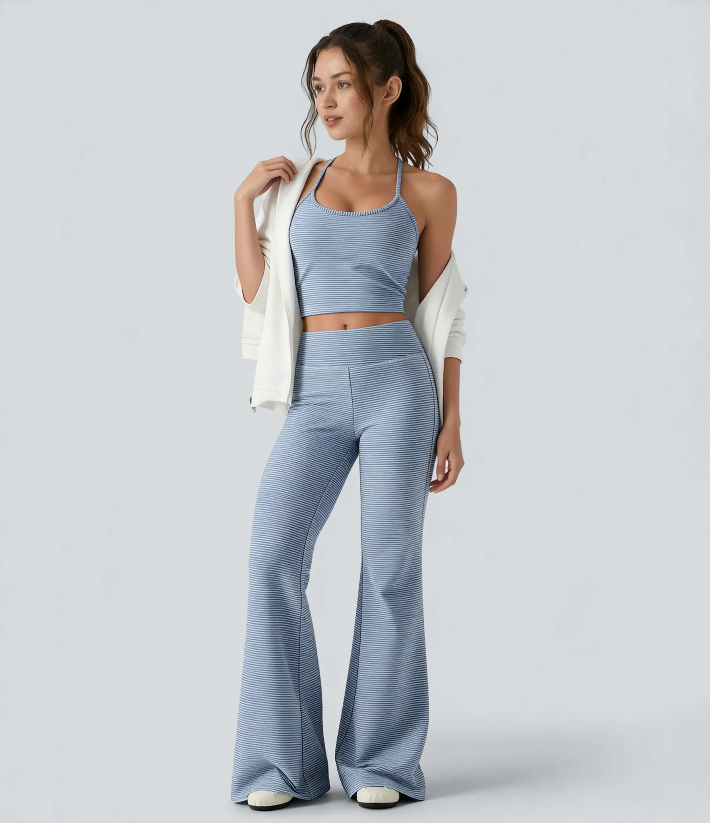 Halara 2-piece Flex U-Neck Built-in Bra Stripes Denim Casual Cami Top&Flex Mid Rise Stripes Casual Flare Jeans with Pockets Set