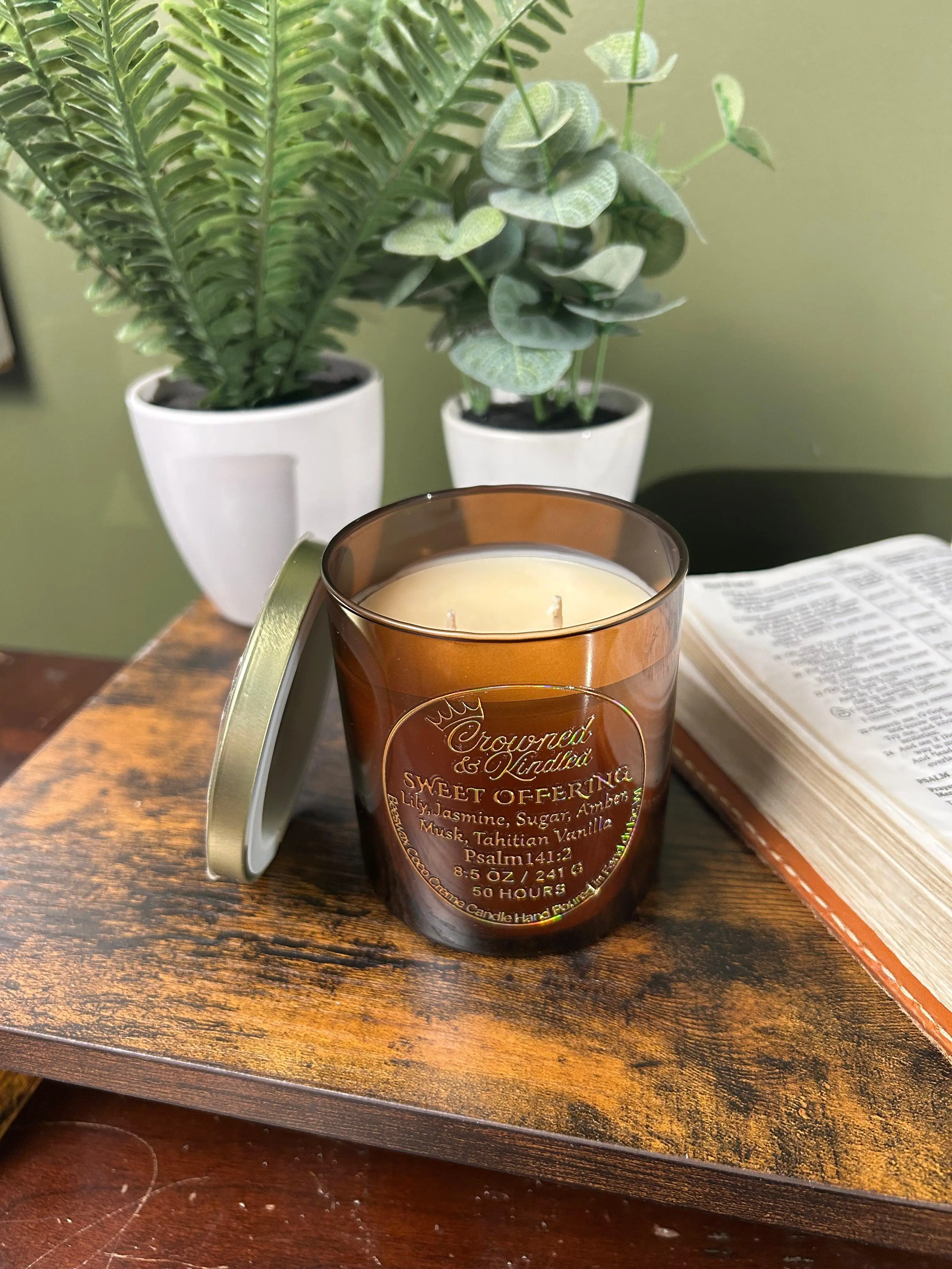 Sweet Offering Tabernacle Collection 8.5 oz Beeswax-Coconut Crème Blend Candle - Vanilla Fragrance, Flower Aroma, 45-50 Hour Burn Time, Smooth Creamy Texture, Amber Jar, Home Decor for Prayer-Worship