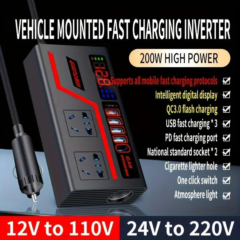 200w Car Inverter 12V/24v to 110v/220v Power Converter with Display, 4 USB Ports Fast Charging High Speed Charger, Smart Color Large Screen, QC Fast Charging