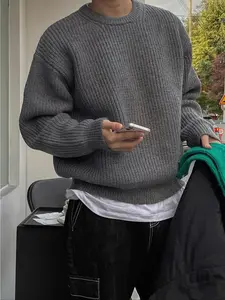 Men's Solid Drop-Shoulder Cable-Knit Sweater, Loose Casual Long-Sleeve Round-Neck Jumper for Fall & Winter, Fashion Knitwear for Daily Wear