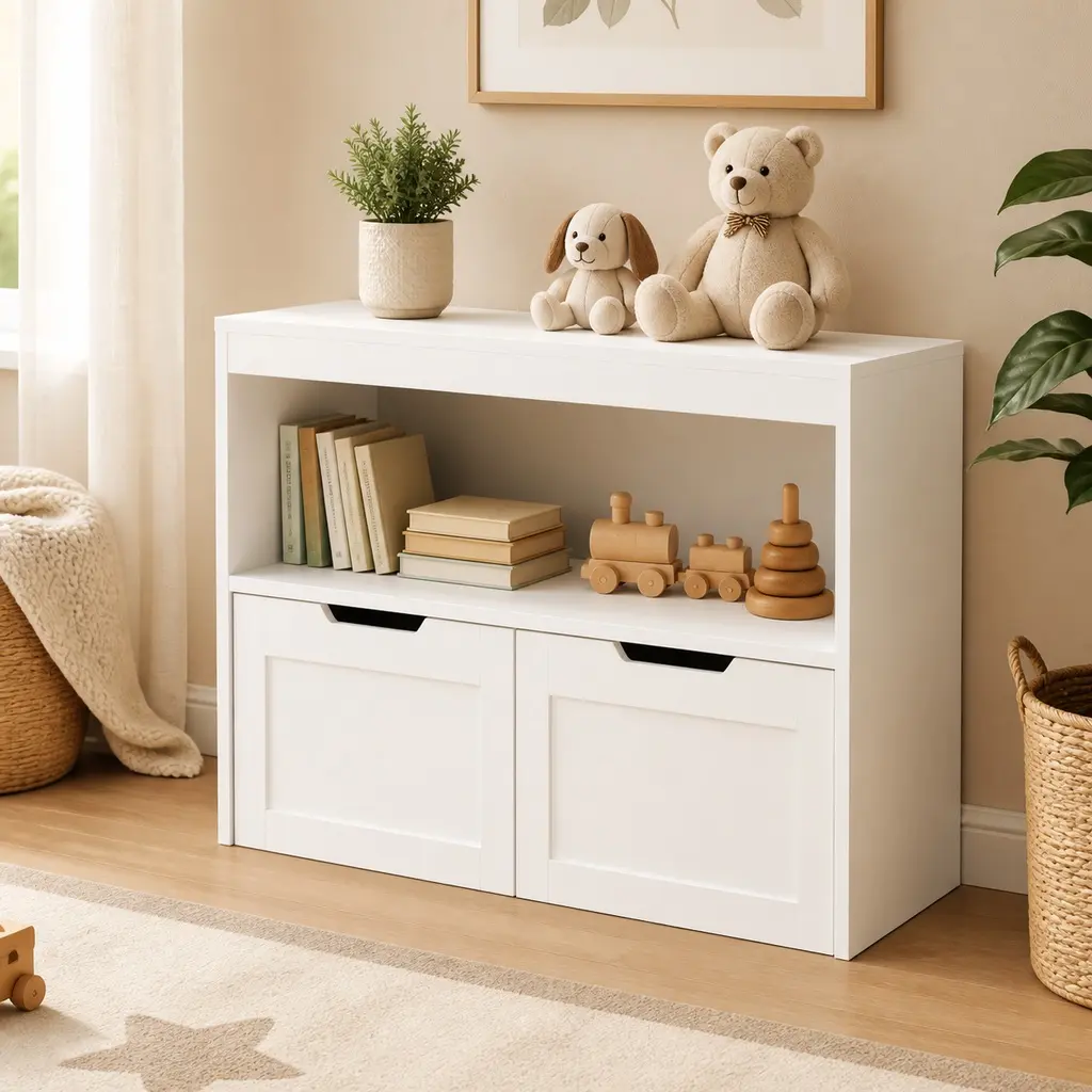 White MDF Storage Cabinet with 2 Drawers and Open Shelves, 31.5" W x 11.8" D x 24.2" H, Book and Toy Organizer for Bedroom, Living Room, Nursery, Kids Room, Home Office, Durable and Easy to Assemble, White Color Options, MDF Material