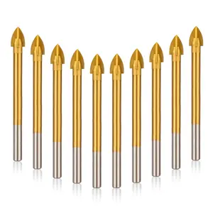 10 count 1/4" Masonry Drill Bits Kit, Titanium Coated Carbide Drill Bits Set for Tile, Concrete, Stone, 1/4 inch  Edges Cross Spear  Drill for Glass, Brick, Plastic, Ceramic,  (6mm)