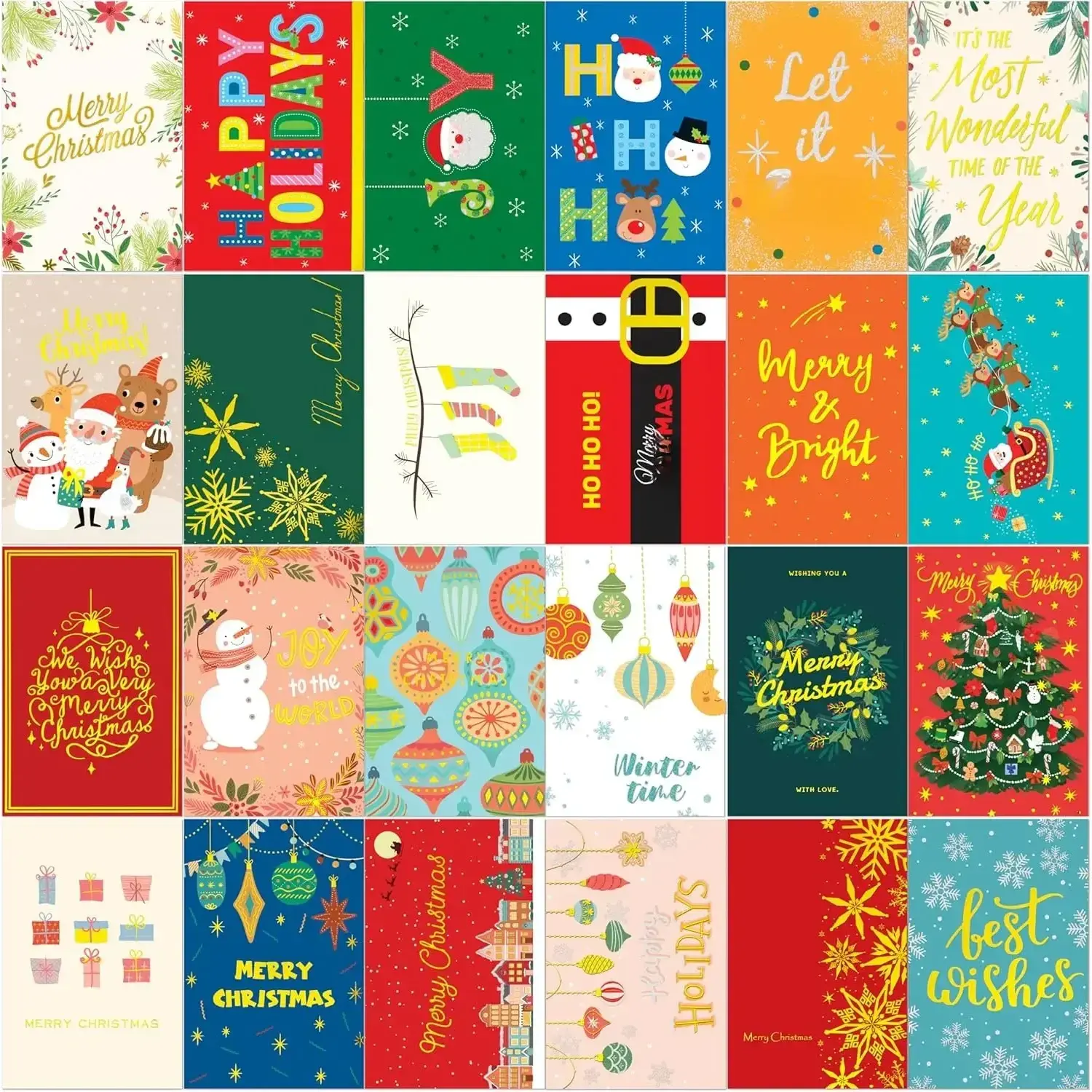 24-Cards Boxed Festive Christmas Holiday Cards with Envelopes, Gold Sticker Seals, Glitter Prints, Mix-and-Match Designs, 6x4in Printed Greetings Inside (Office Stationery) for Friends & Family, Assortment Pack, Festive Glitter Prints