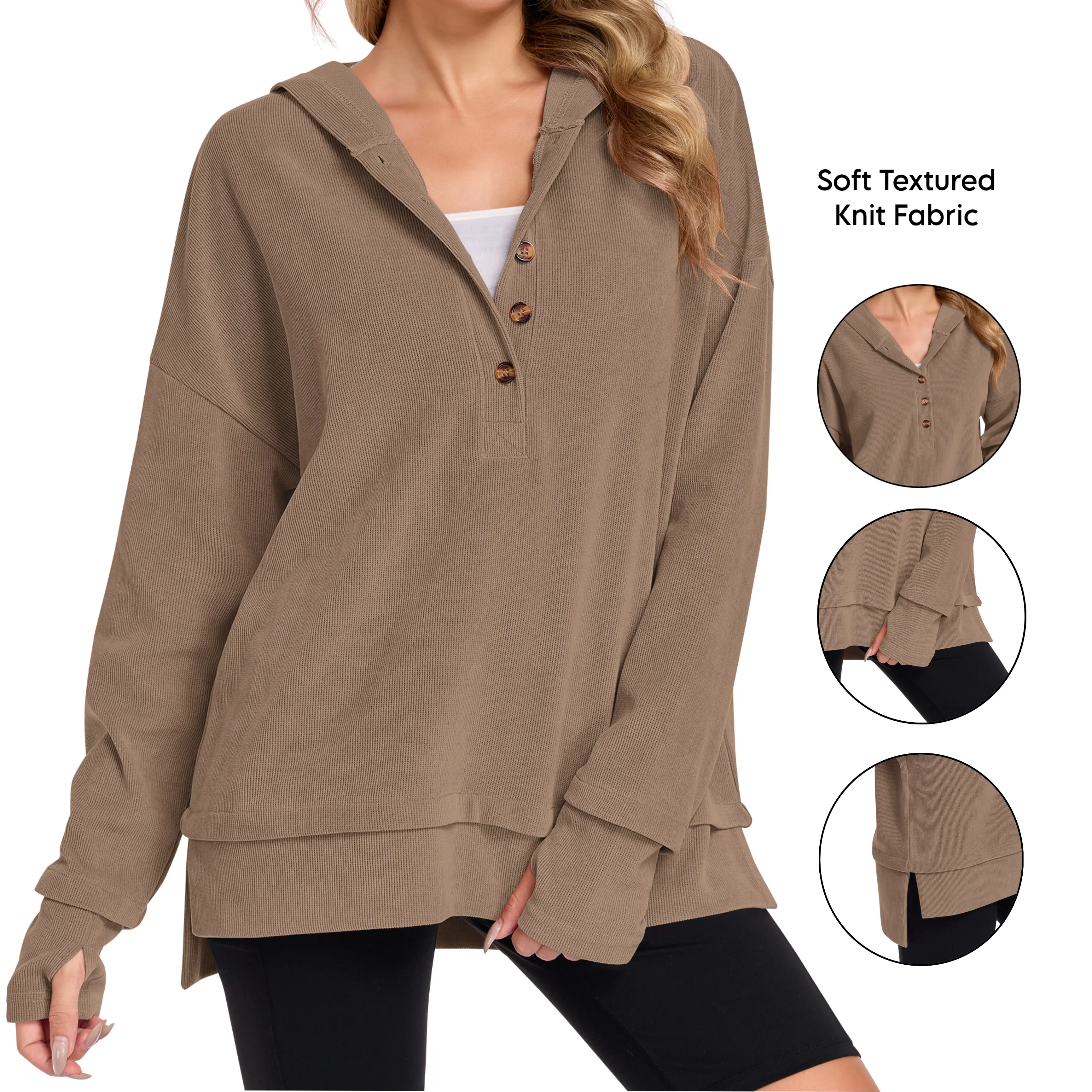 AUSELILY Women's Long Sleeve V Neck Button Up Hoodie Knit Sweatshirt with Thumb Holes Side Slit Casual Pullover Tops for Spring Fall 2026 Womenswear