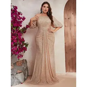 Women's Plus Size Off Shoulder Ruched Sequin Formal Dress Elegant Prom Evening Wedding Guest Gown For Graduation Dinner Fit Sleeve Fabric Womenswear Workwear Polyester Basic Champagne Minimalist