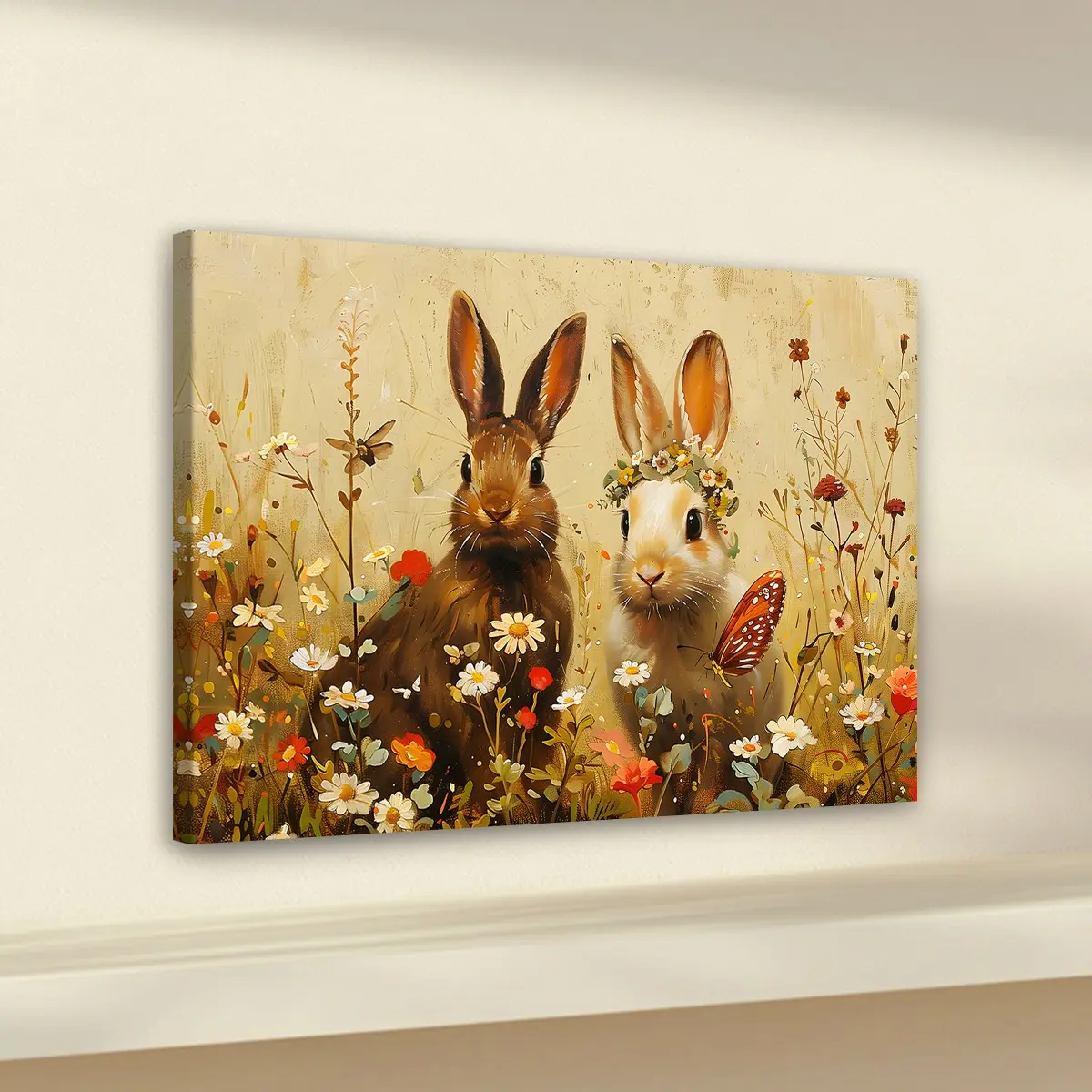 1pc Wooden Framed, Bunnies in Flower Meadow Art Print Poster, Easter Bunny Rabbits Wall Art Canvas Painting, Vintage Spring Art Pictures, Whimsical Cottagecore Rabbit Nursery Wall Decor, Home Decoration, Perfect Gift