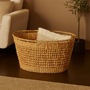 Brown Seagrass Handmade Woven Oval Decorative and Functional Storage Basket with Elevated Rim and Slot Handles
