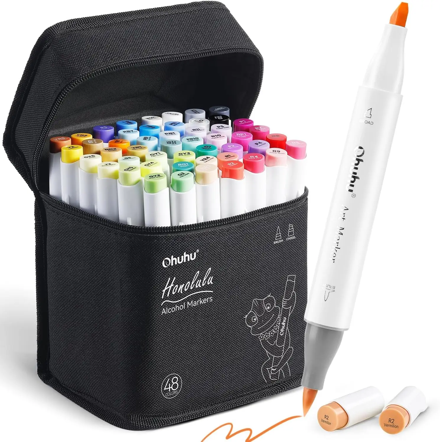 Ohuhu Honolulu Brush Markers: 48-Color Double Tipped Art Marker Set for Artist Adults Coloring Illustrations-Brush&Chisel-Brush&Fine -Refillable Ink