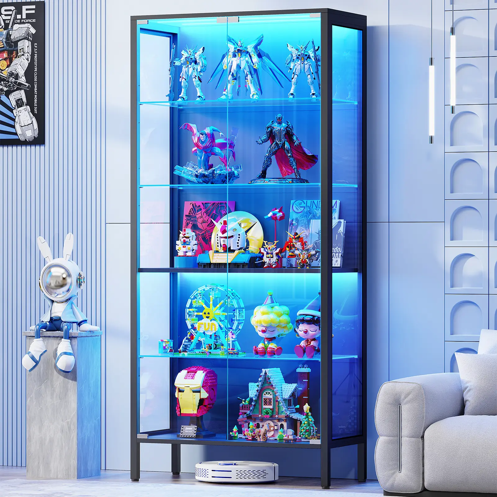MIIFUNY Glass Display Cabinet, 5-Tier Display Case with Adjustable Glass Shelves, Metal Curio Cabinet with 3 Color Lights for Collectibles, Bookcase with Human Body Sensor, Black