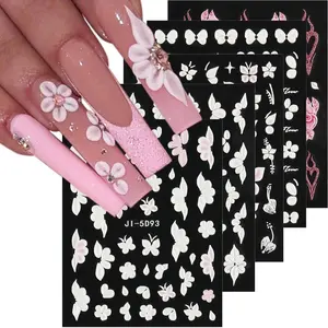 5D Embossed White Flowers Nail Stickers, 5 Sheets Self-Adhesive Floral Nail Decals, Spring Rose Butterfly Nail Art, 3D Acrylic Flowers for Manicure Decor