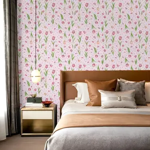 1pc fresh pink-toned girlish tulip element printed PVC wallpaper, with adhesive on the back for peel-and-stick, suitable for covering dirty or messy walls, redecorating old walls, and home decoration, applicable to all walls
