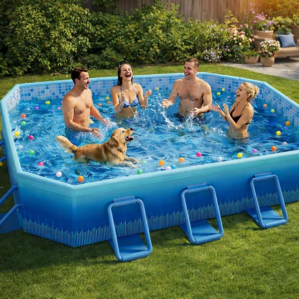101 inch (approx. 256.5 cm) foldable swimming pool, suitable for adults and children. Non-inflatable pool with metal frame, thickened PVC and PP board support. Large stable foldable swimming pool, ideal for family, dogs,