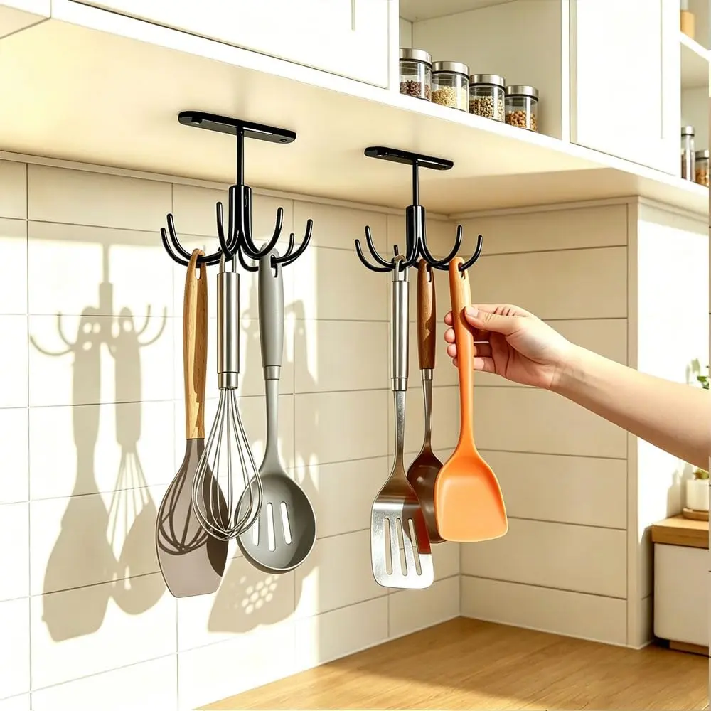 Metal Under Cabinet Kitchen Utensil Hooks,360° Rotating Kitchen Utensil Rack with 8 Hooks,Drilling Free Adhesive Utensils Hanging Rack for Tools/Towel/Knife (Black)