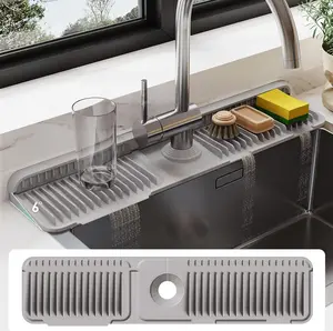 【Buy large get small free】24 Inch Silicone Faucet Mat for Kitchen & Bathroom Sink Splash Guard - 6 Slope Water Draining Mat with Fasten Button for Bathroom Area -Gray