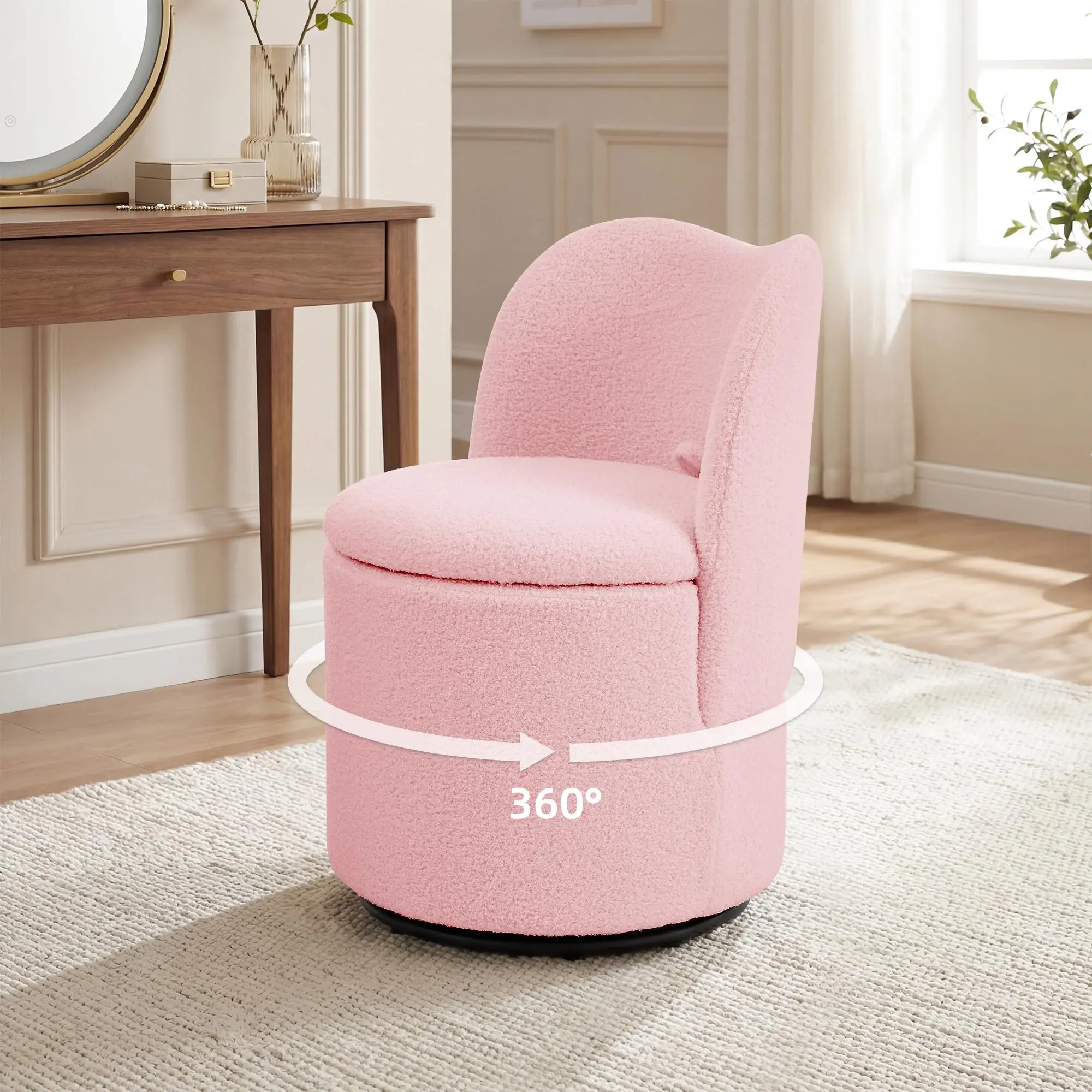 YJ-Garvee Modern 360° Swivel Vanity Chair with Hidden Storage Upholstered Ottoman Stool in Sherpa Pink for Bedroom Dressing & Living Room Ultra Comfortable Seating Experience