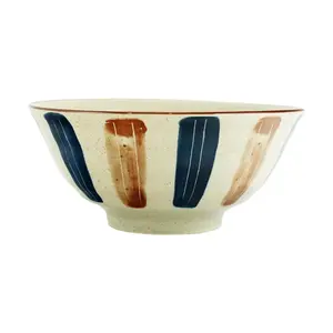 Golden Lion 8" Ribbed Ceramic Ramen Bowl - Large Noodle Soup Bowl with Bamboo Accent - "Zhu Lai" Collection
