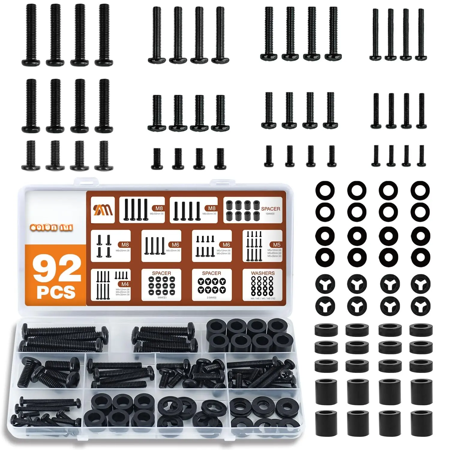 92 count Universal TV Mounting Hardware Screw Kit Set - M4 M5 M6 M8 Screws, Spacers and Whers for  TV/ VESA Mount, TV Mount Replacement Screws with Box up to 80", Black