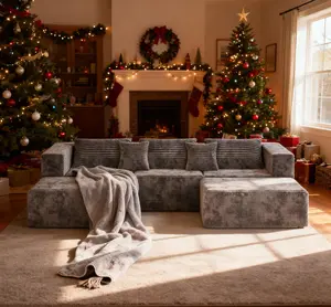 Viral Couch 3-Piece Set Delivery 5 Free Pillows 149W x 66D x 24H U-Shaped Modular Corduroy Sofa Modern Style Living Room Comfortable No Assembly Required Frameless Sectional Three-Seater