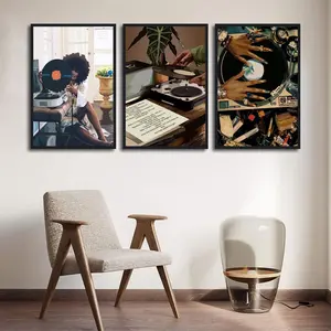 Funky Black Girl Music Theme Posters – A Set of 3 Frameless Canvas Prints Celebrating African American Women with Retro Record Designs, Ideal for Adding Vibrant and Empowering Decor to Bedrooms, Living Spaces, or Cultural Home Interiors.