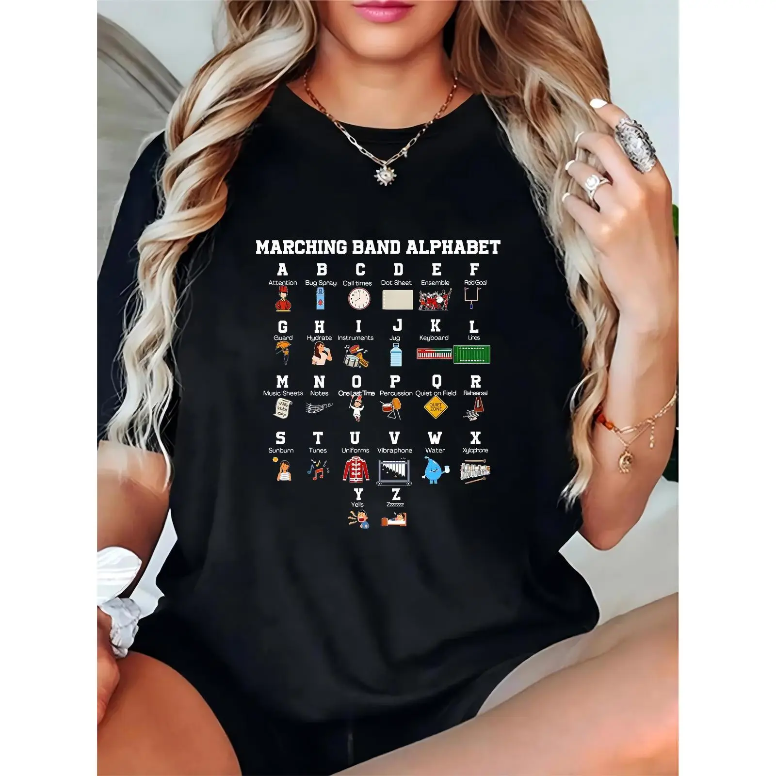 Women’s Marching Band Alphabet T-Shirt, Musical Instruments & Band Activity Icons, Casual Concert Event Tee for Music Lovers, Band Members & Students