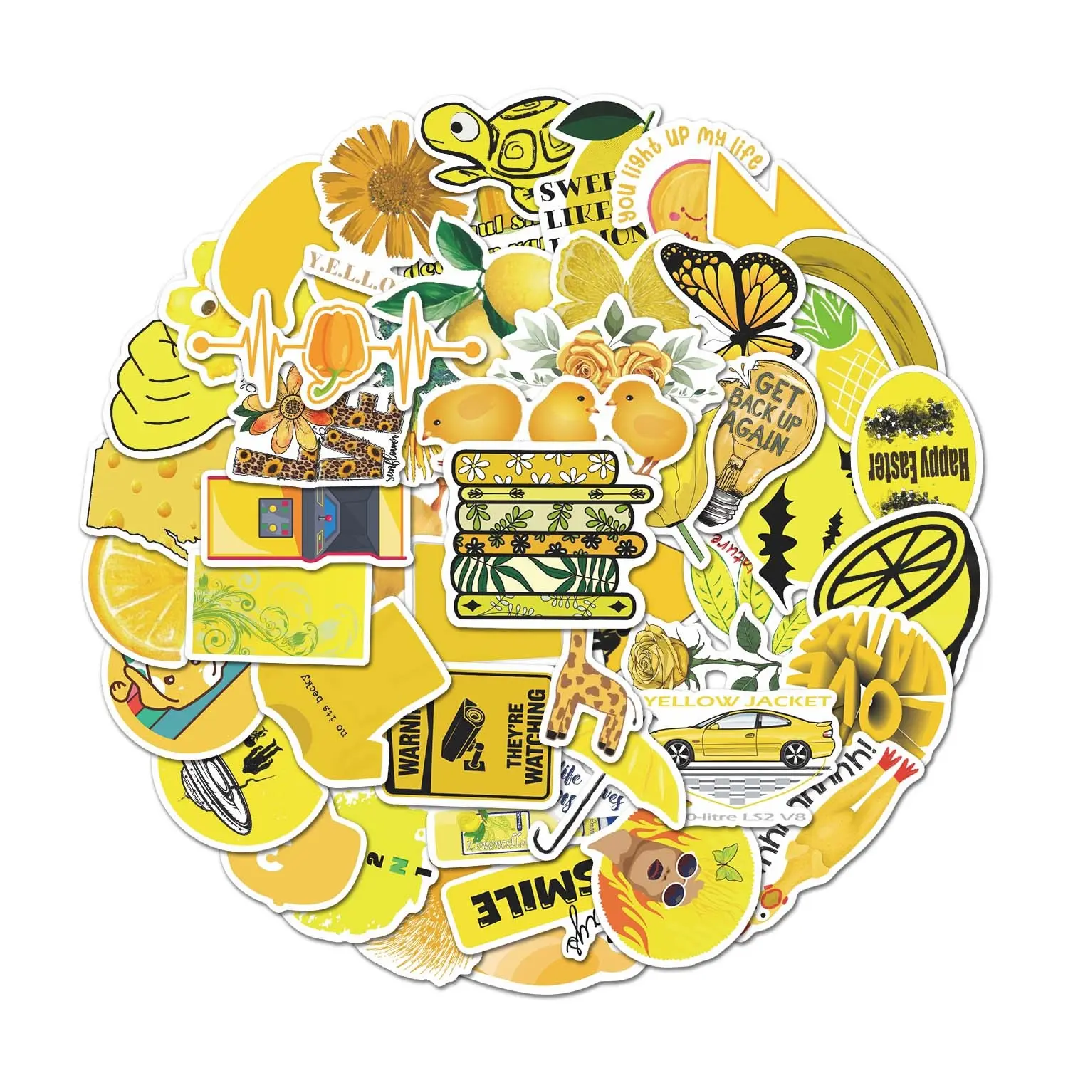 50Pcs Bright Yellow Aesthetic Stickers Pack, Waterproof Sunny Retro Vinyl Decals for Laptop Water Bottle Journal Scrapbook, Stickers for Scrapbooking, Cheerful Gifts for Yellow & Sunshine Lovers