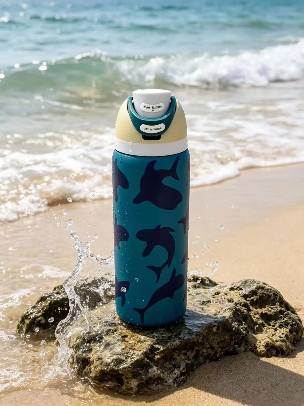 Owala 32 oz insulated cup with cute shark design, stainless steel portable vacuum bottle, keeps cold for 24 hours, leak-proof design, BPA-free, suitable for beach,