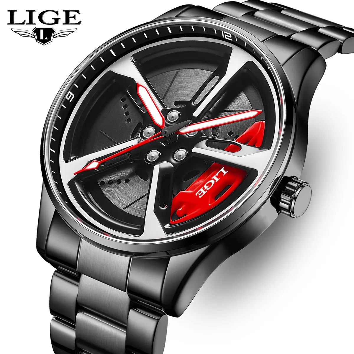 LIGE Men's Modern Trendy Quartz Wristwatch, Casual Analog with Rotating Wheel Design, Steel Strap and 52mm Dial with Luminous Hands, Casual Analog Watch, Fashionable Wristwatch, Modern Trendy Watch, Large Dial, Men's Accessories, Water Resistant, Glow‑In‑