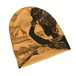 1 lightweight African tribal printed knitted hat for both men and women - elastic polyester fiber zebra and giraffe pattern, yellow cultural design, suitable for sports and casual wear - Valentine's Day, Mother's Day, carnival gifts, modern urban headwear