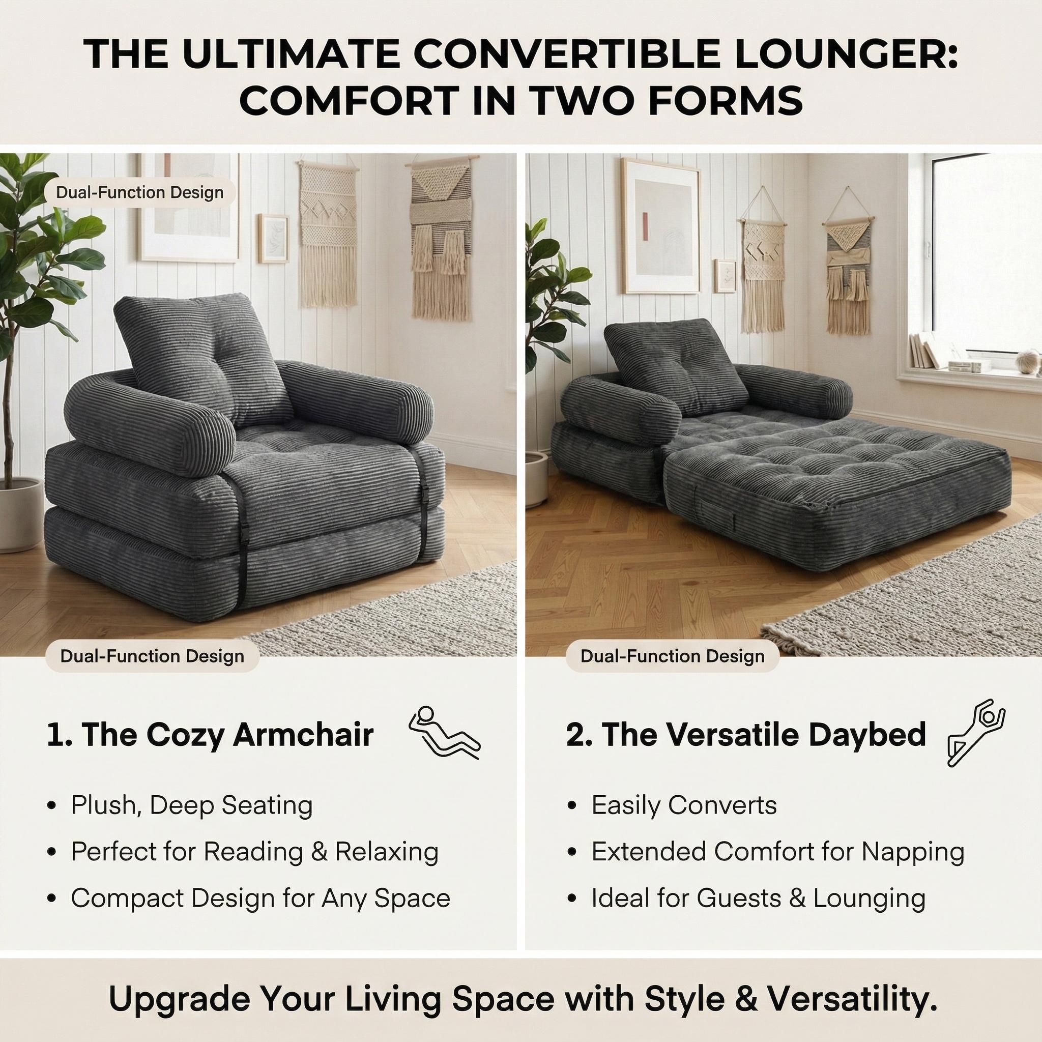 Del Mar loveseat Convertible Single Seater Sofa Bed Boneless Floor Couch Sleeper with Armrests, Soft Corduroy Foldable Lazy Sofa Chair for Living Room/Bedroom