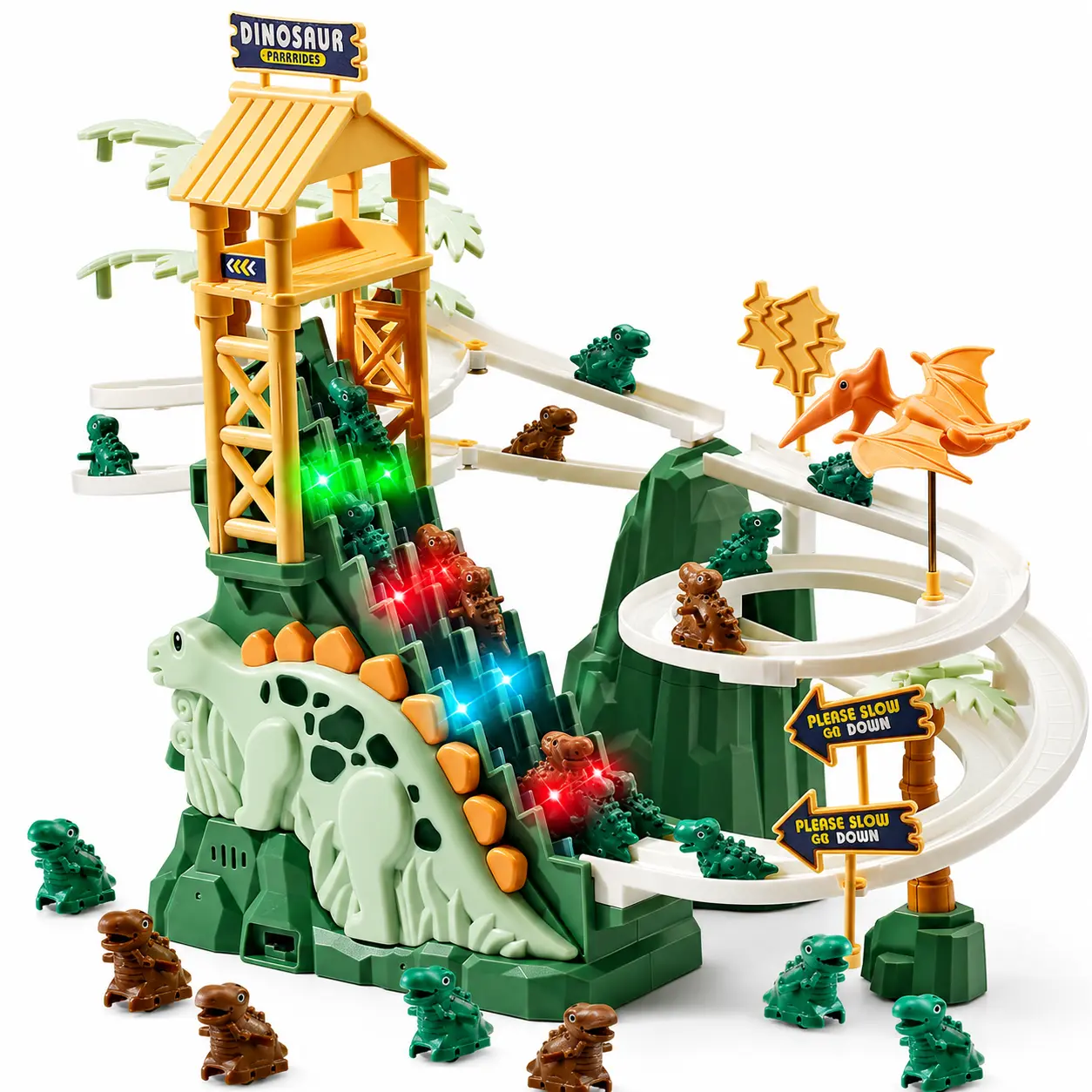 Dinosaur Race Track Set for Kids, Dino Sliding Track Toy with Lights & Music, Double Elevator Ramp, 20 Dinosaur Figures & Multi Level Track Playset for Boys Girls