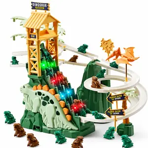 Dinosaur Race Track Set for Kids, Dino Sliding Track Toy with Lights & Music, Double Elevator Ramp, 20 Dinosaur Figures & Multi Level Track Playset for Boys Girls