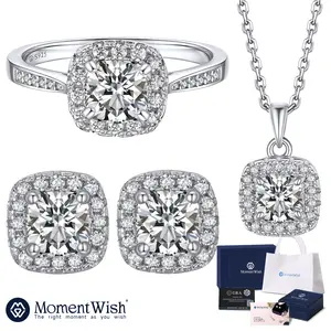 【#249 Halo Jewelry Set】MomentWish Synthetic Moissanite Jewelry Set in 925 Sterling Silver, Halo Necklace Stud and Promise Ring for Women