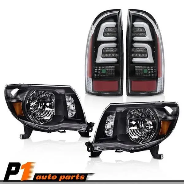 Carbon Black Aftermarket Bulbs Headlight Assemblies with LED Amber Car Lights, 3D LED Tube Bar Tail Light Assembly for 2005-11 Toyota Tacoma, Car Lighting Upgrade