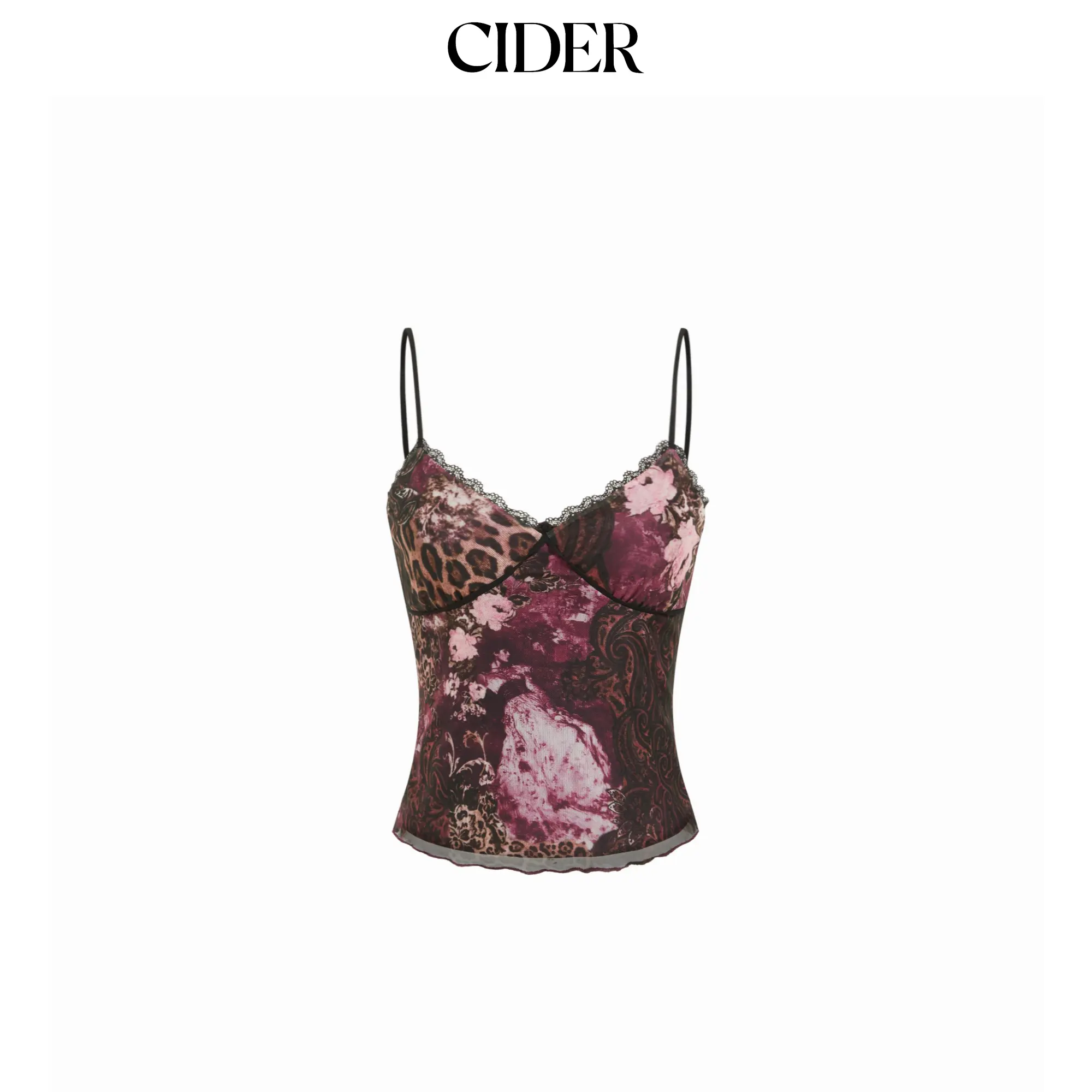 Cider Women's High Stretch Slim-Fitting Sleeveless Mesh Tank Top - V-Neck, Leopard & Floral Graphic, Lace Trim, Leopard Print Lace Trim Women's Tanks & Camis